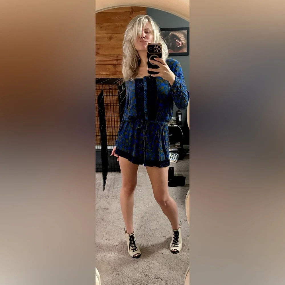 Free People Blue and Yellow Floral Printed Romper
